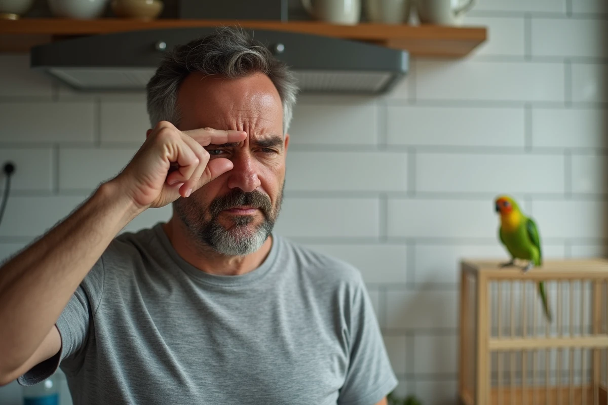 Homme se frottant les yeux à cause d'une allergie à la perruche dans une cuisine