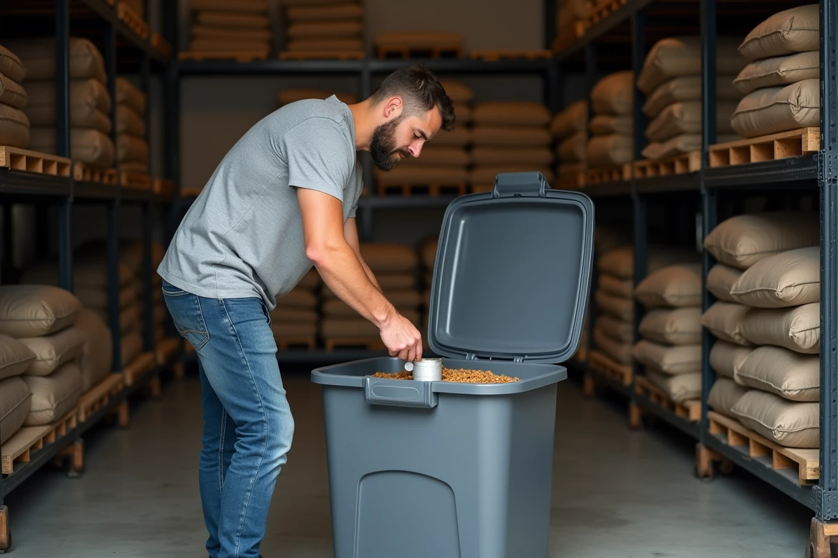 Homme remplissant une gamelle avec des croquettes issues d'un grand conteneur de stockage 30 kg dans un garage