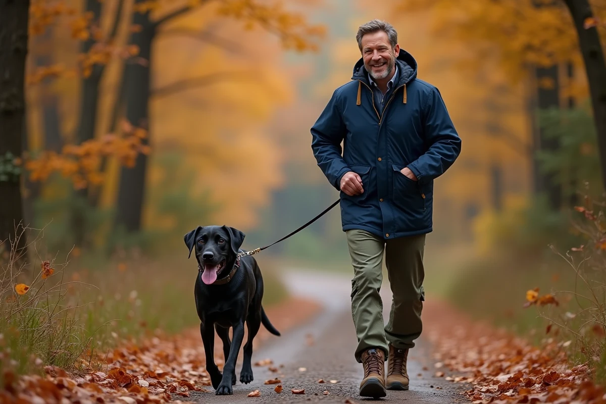 Homme promenant un labrador noir en laisse sur un sentier forestier couvert de feuilles d'automne