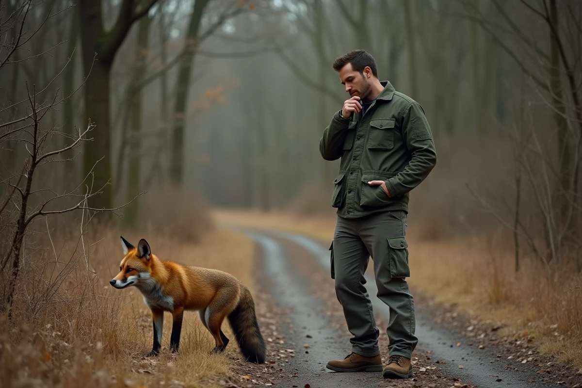 Homme observant un renard mort au bord d'un sentier forestier en forêt, réfléchissant à qui contacter