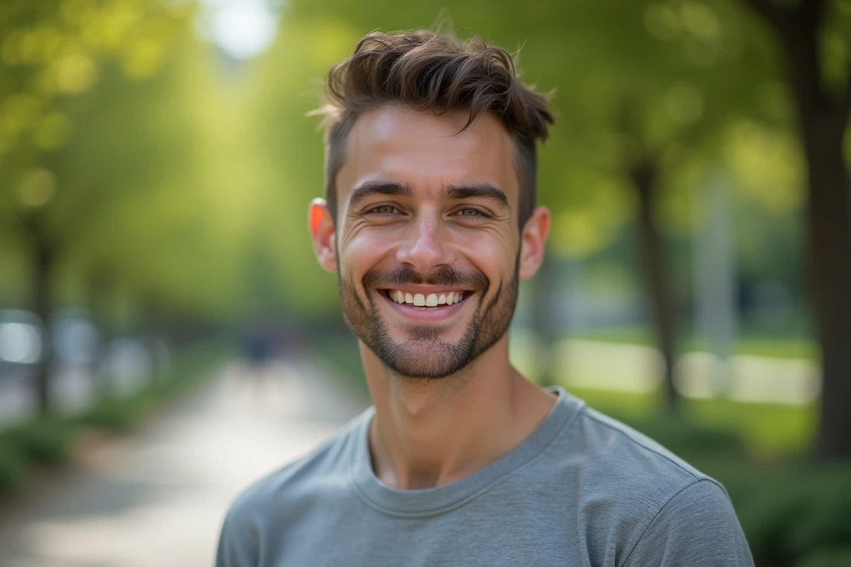 Jeune homme souriant avec des dents de lapin naturelles, portrait en extérieur dans un parc urbain