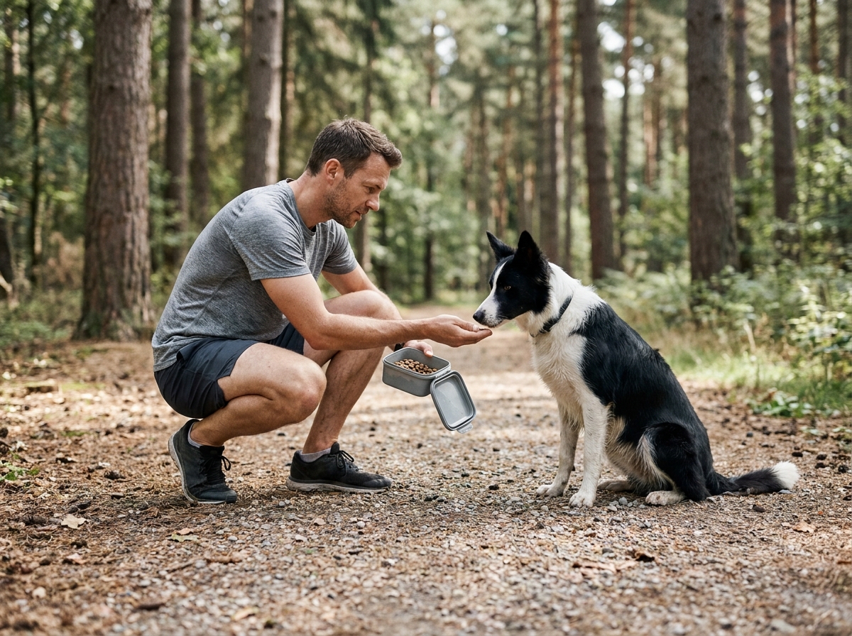 Homme sportif nourrissant son border collie actif avec des croquettes adaptées après une course en forêt