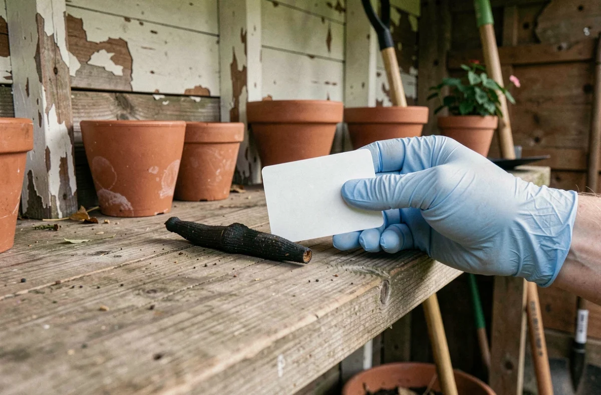 Main gantée tenant une carte blanche à côté d'une crotte de fouine pour mesure dans un abri de jardin