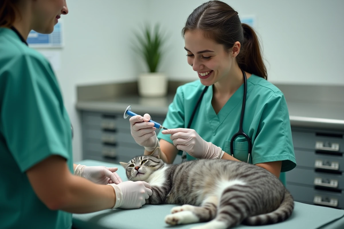 Assistante vétérinaire préparant l'implantation d'une puce électronique sur un chat gris dans une clinique