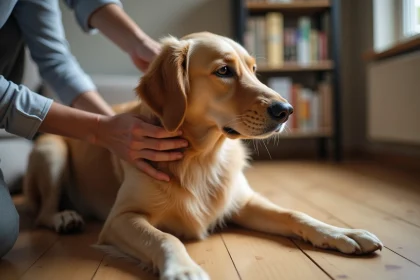 Main humaine inspectant la fourrure d'un golden retriever pour détecter la présence de puces