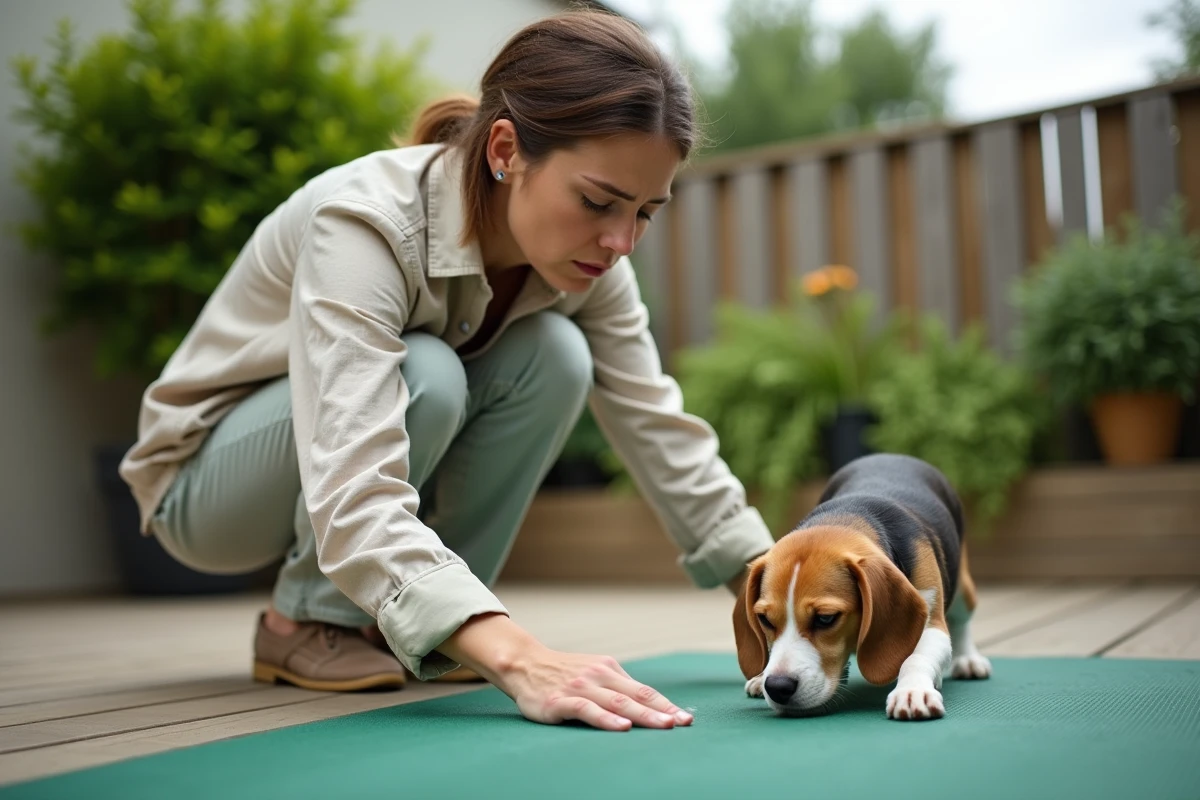 Femme inspectant un tapis rafraîchissant pour chien en plein air avec un beagle, illustrant les précautions à prendre avec les tapis de refroidissement