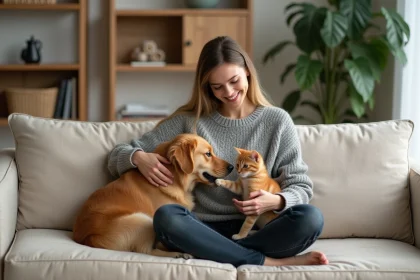 Femme présentant un chaton à son golden retriever sur un canapé beige dans un salon cosy et décoré de plantes