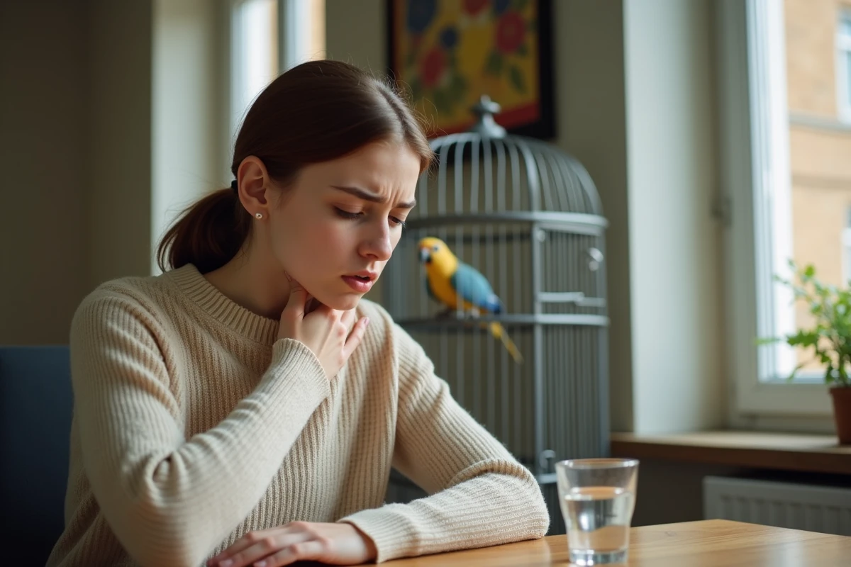 Jeune femme souffrant de symptômes respiratoires liés à une allergie aux oiseaux dans un bureau