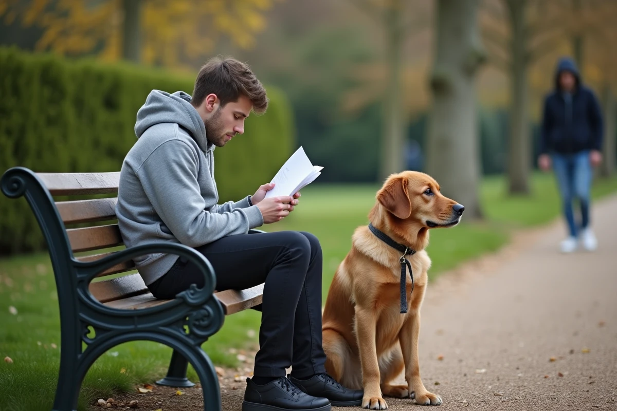 Jeune homme préoccupé lisant des documents juridiques assis dans un parc avec son chien, illustrant la responsabilité civile du propriétaire d'un animal