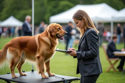 Juge canine examinant un golden retriever de race pure lors d'un concours canin en plein air