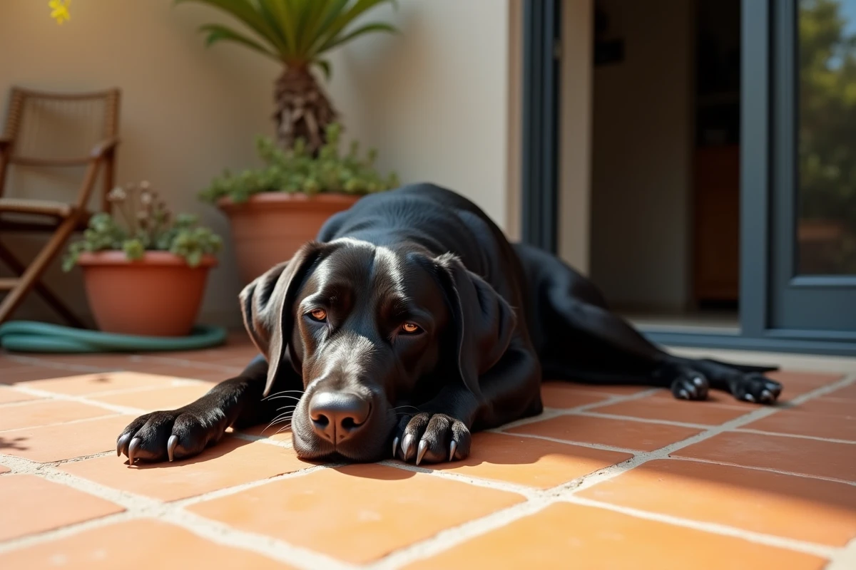 Labrador noir allongé sur des carreaux de terrasse par temps de canicule pour se rafraîchir
