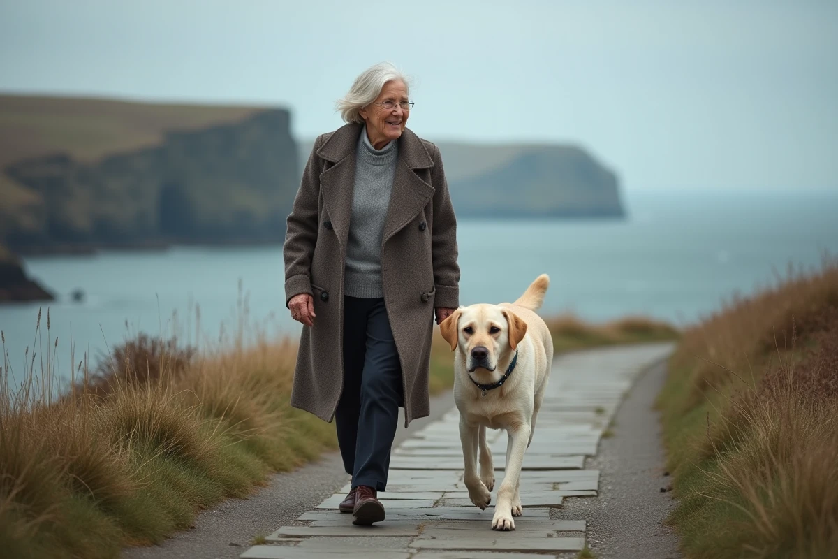 Femme âgée se promenant avec son labrador sur un sentier côtier, symbolisant la fidélité et la compagnie des chiens pour les personnes âgées