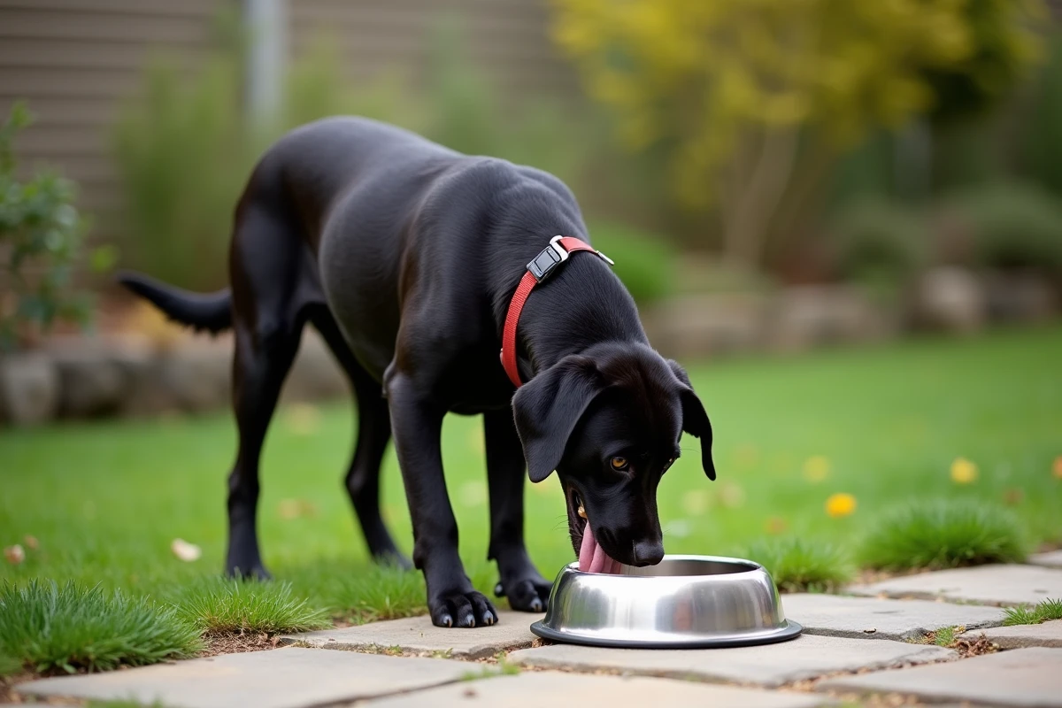 Labrador retriever mangeant dans sa gamelle en inox dans un jardin extérieur au quotidien