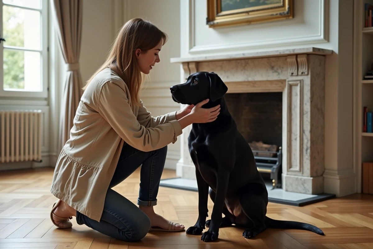 Jeune femme française avec son Labrador Retriever noir dans un appartement haussmannien, chien populaire en France