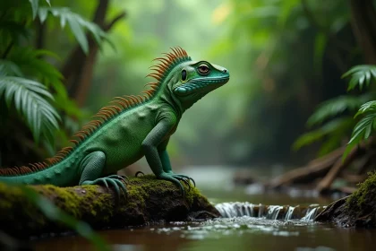 Lézard basilic vert (Basiliscus plumifrons) perché sur une bûche moussue en forêt tropicale humide, avec crête dorsale visible et écailles détaillées