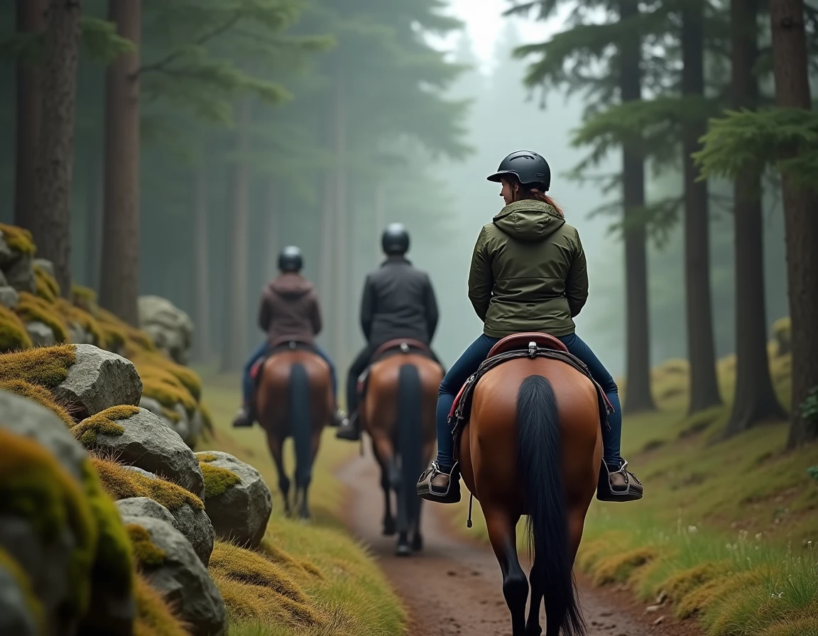 Groupe de cavaliers en randonnée équestre dans une forêt jurassienne avec Loue Caval dans le Doubs