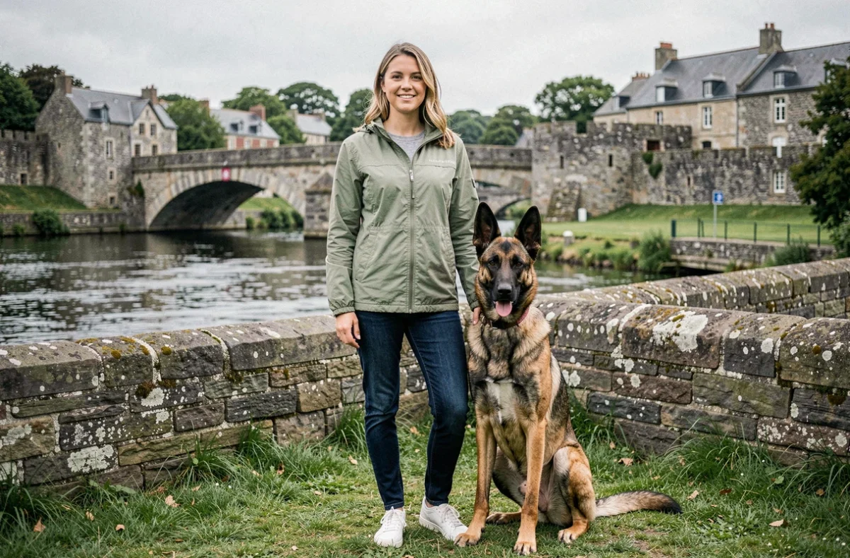 Maëliss Français : éducatrice canine avec un malinois belge au bord du Blavet à Hennebont