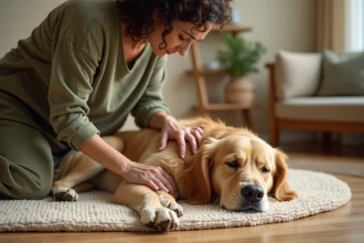 Femme massant doucement le dos d'un golden retriever allongé sur une couverture en laine pour soulager sa douleur naturellement
