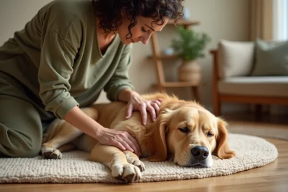 Femme massant doucement le dos d'un golden retriever allongé sur une couverture en laine pour soulager sa douleur naturellement