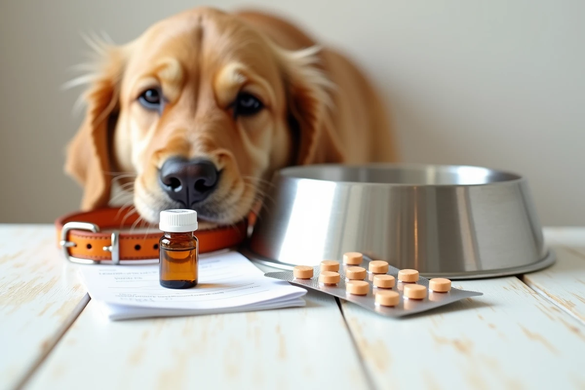 Médicaments anti-douleur pour chien disposés sur une surface blanche avec collier et ordonnance vétérinaire