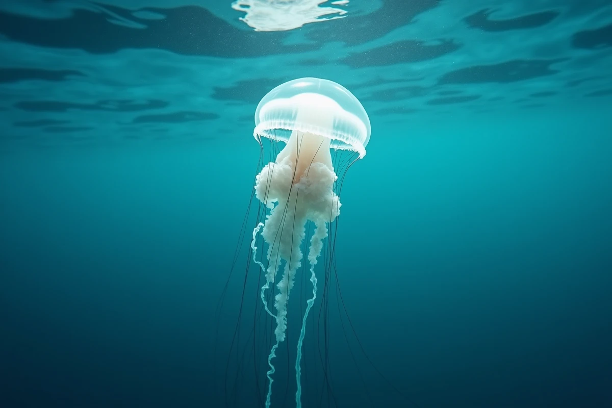 Méduse box jellyfish transparente flottant sous la surface de l'océan tropical, l'une des créatures marines les plus venimeuses au monde