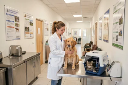 Vétérinaire en blouse blanche examinant un golden retriever dans une clinique vétérinaire moderne des Pays de la Loire