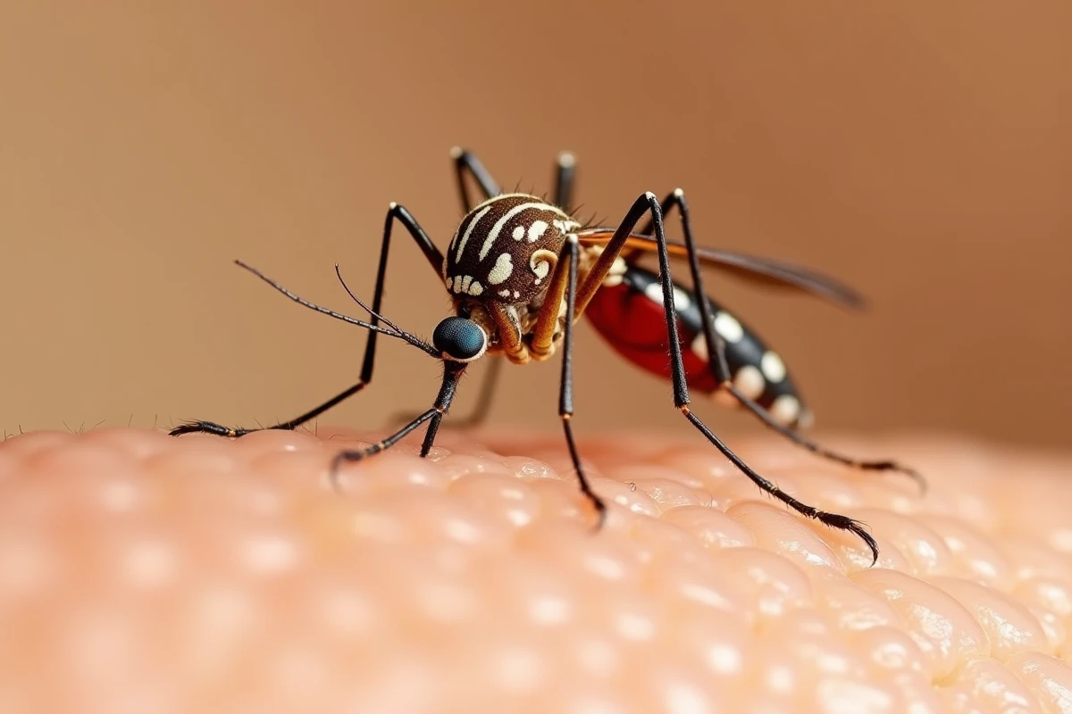 Gros plan macro d'un moustique en train de piquer la peau humaine, insecte vecteur de maladies mortelles et animal le plus dangereux pour l'homme