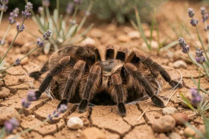 Mygale de Provence à l'entrée de son terrier dans un jardin méditerranéen sec