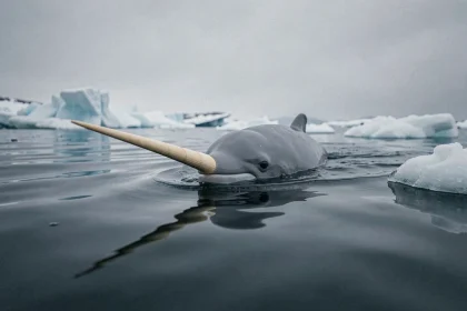 Narval nageant sous la surface de l'eau arctique avec sa longue défense spiralée caractéristique