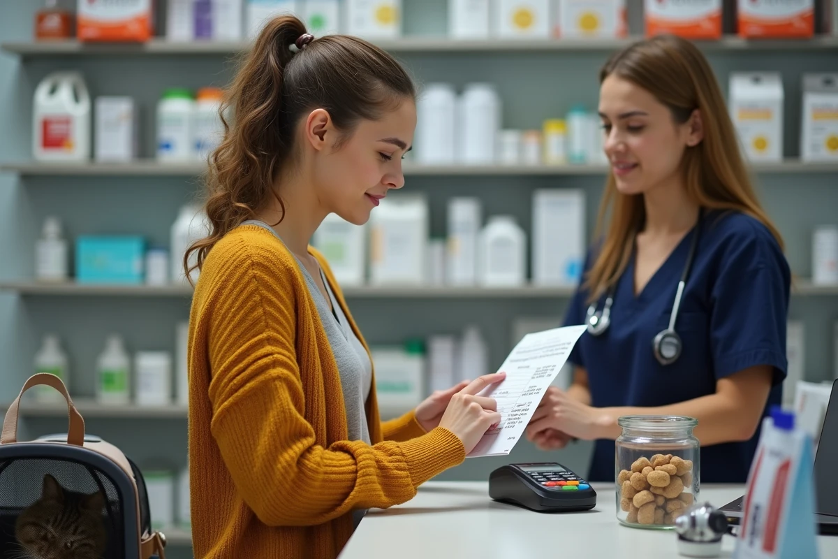 Une jeune femme interroge une technicienne vétérinaire sur le montant d'une ordonnance à la caisse
