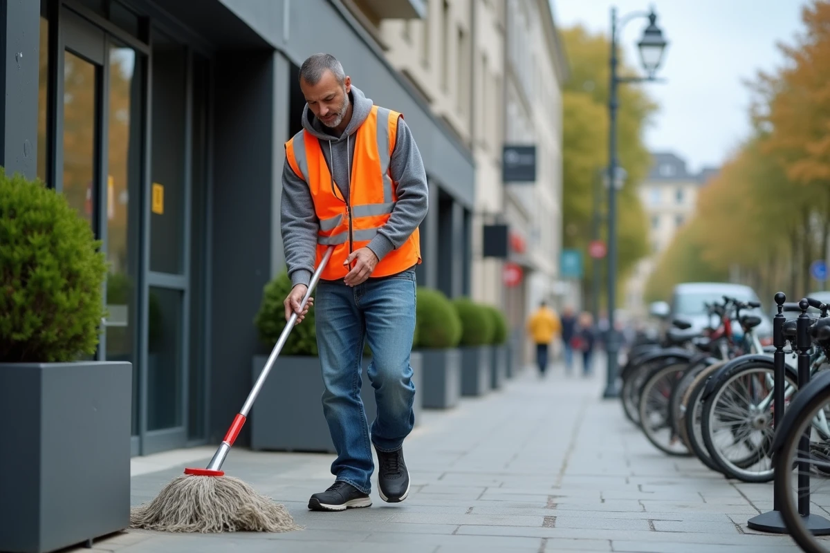 Agent municipal nettoyant le trottoir devant une entrée d'immeuble pour éliminer les déjections canines