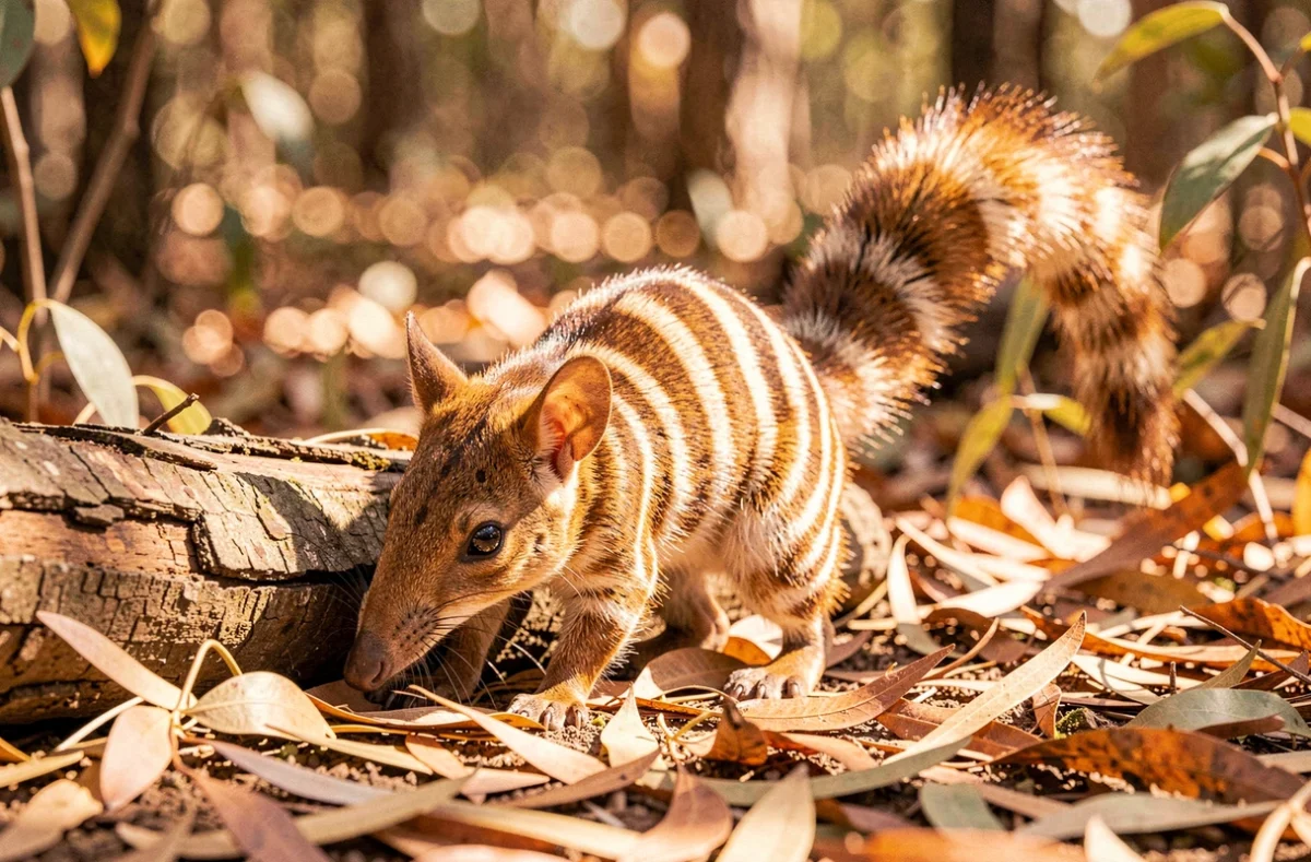 Numbat marsupial australien au pelage rayé cherchant des termites dans la litière forestière