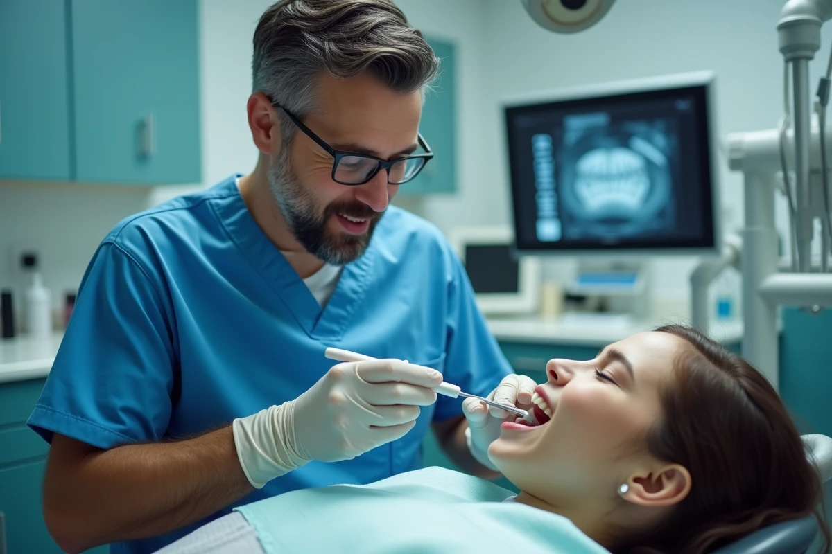 Orthodontiste examinant les incisives proéminentes d'un patient pour corriger des dents de lapin