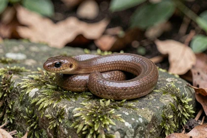 Orvet fragile reposant sur une pierre mousseuse dans un jardin, distinguable d'un serpent par sa queue arrondie et son corps lisse bronzé