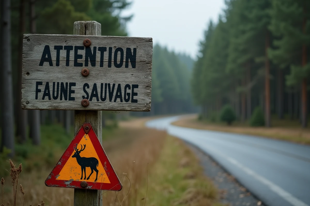 Panneau de signalisation 'Attention Faune Sauvage' en bord de route forestière illustrant les risques pour les animaux
