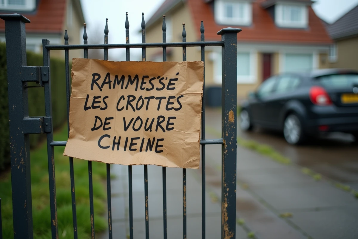Panneau artisanal demandant aux propriétaires de chiens de ramasser les déjections canines devant un portail