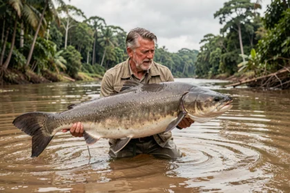 Pêcheur expérimenté tenant un énorme silure piraïba dans une rivière amazonienne, illustrant la pêche au piraïba en toute sécurité