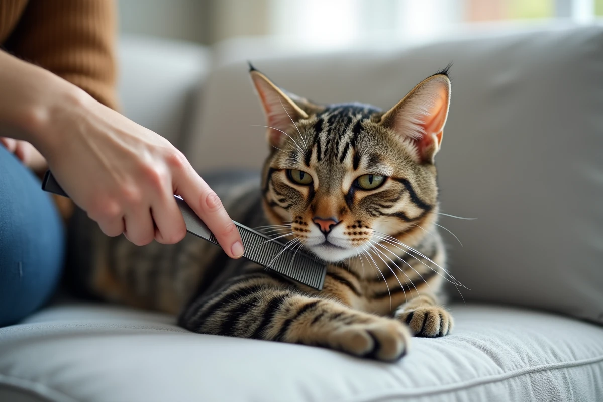 Peigne antipuces utilisé sur un chat tigré allongé sur un canapé en lin gris