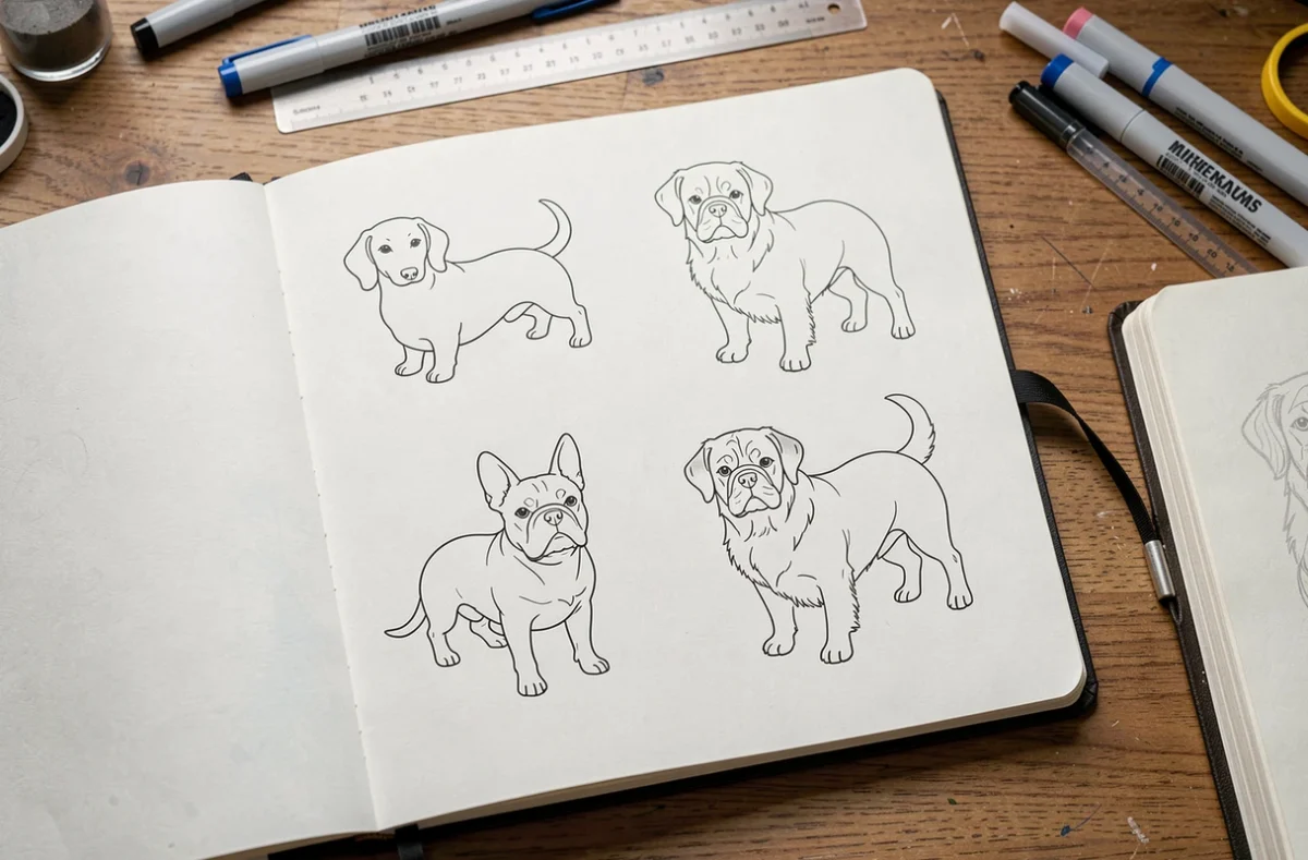Portfolio de tatoueur ouvert sur des designs de tatouage chien minimaliste en ligne continue, posé sur un bureau en bois avec des outils artistiques