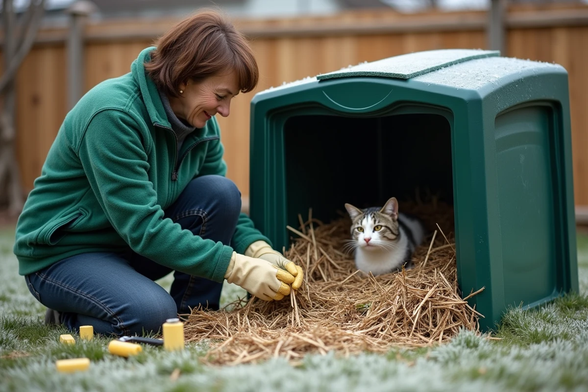Femme préparant un abri isolé pour chat errant en remplissant un bac plastique de paille dans un jardin givré