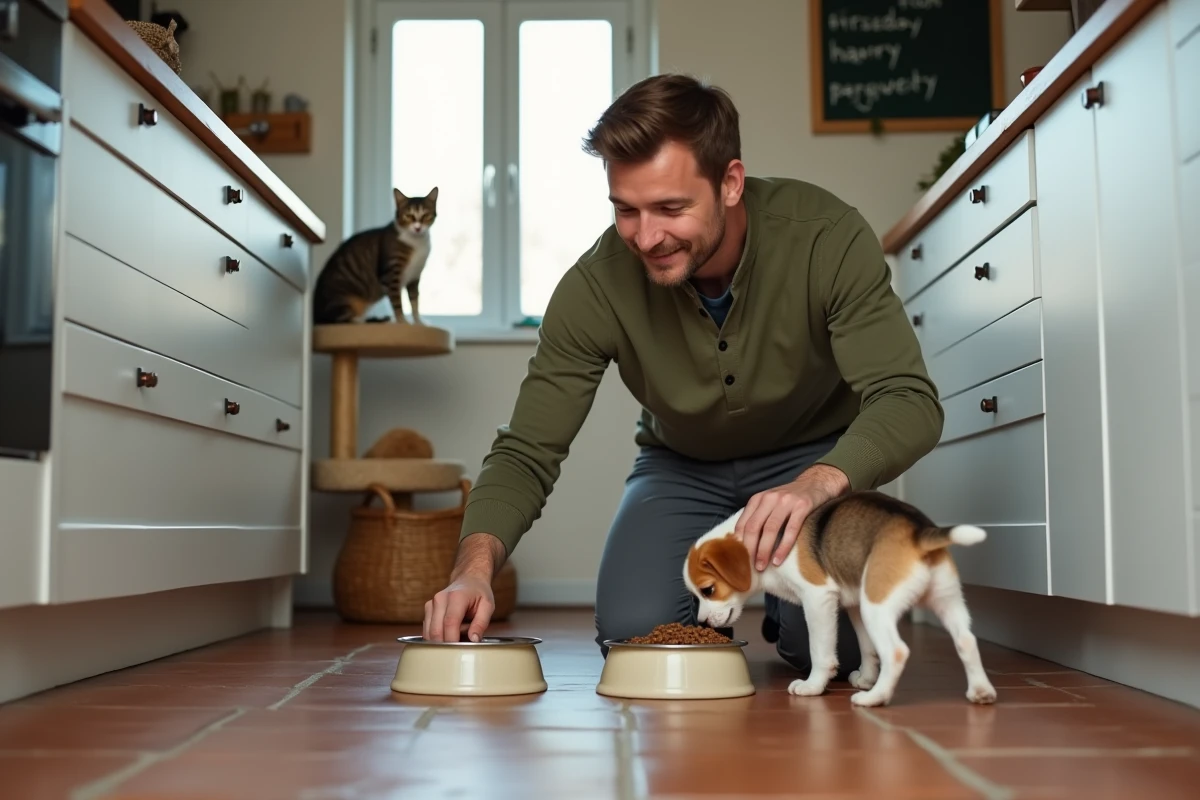 Homme installant un second bol de nourriture en cuisine pour accueillir un nouvel animal de compagnie aux côtés d'un chat et d'un chiot