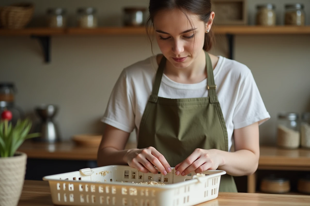 Femme préparant la nourriture sèche pour grillons domestiques dans un bac d'élevage — alimentation protéinée pour crickets