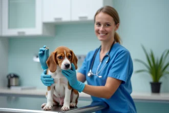 Vétérinaire tenant une puce électronique pour animal de compagnie dans une clinique vétérinaire moderne