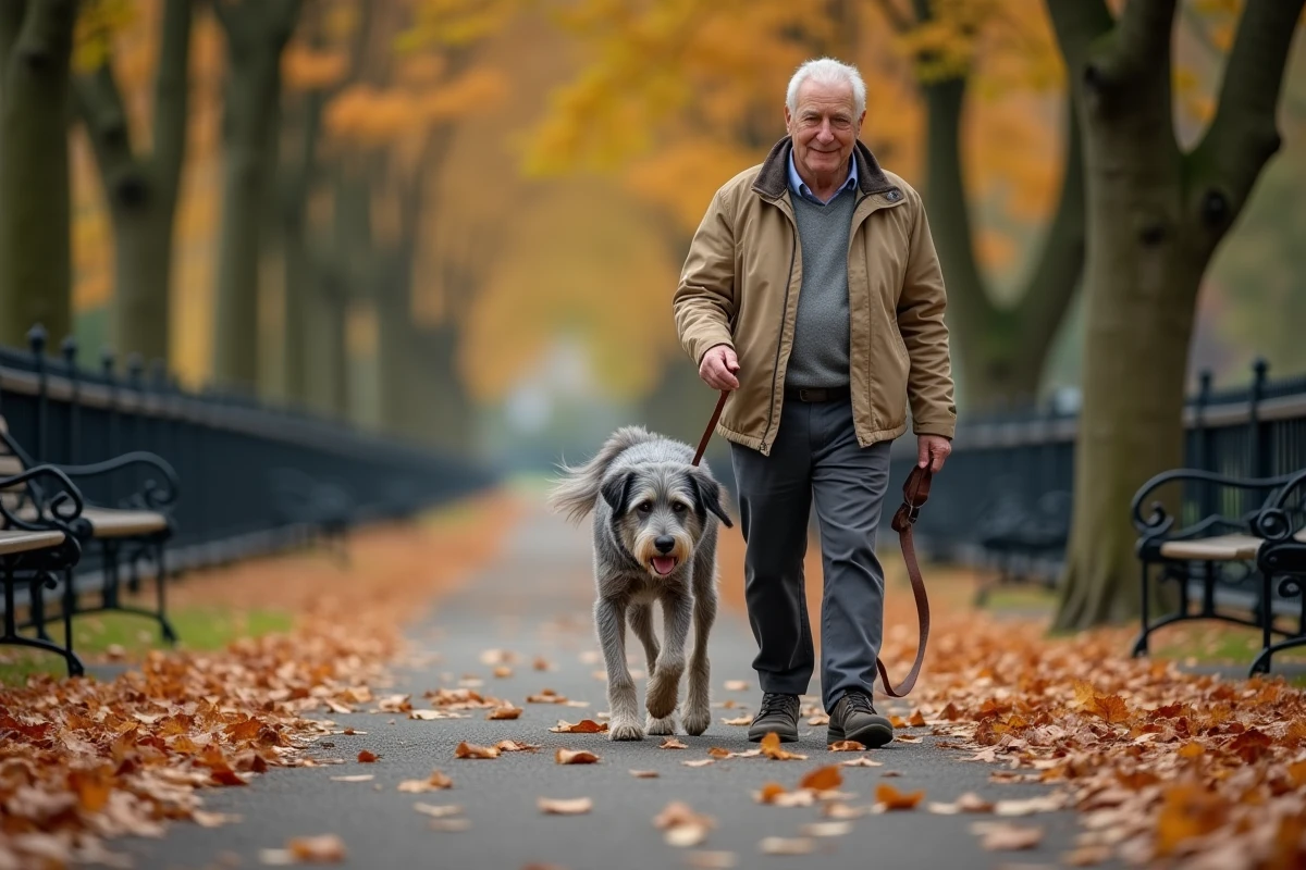 Homme âgé promenant son vieux chien grisonnant sur un chemin de parc couvert de feuilles d'automne