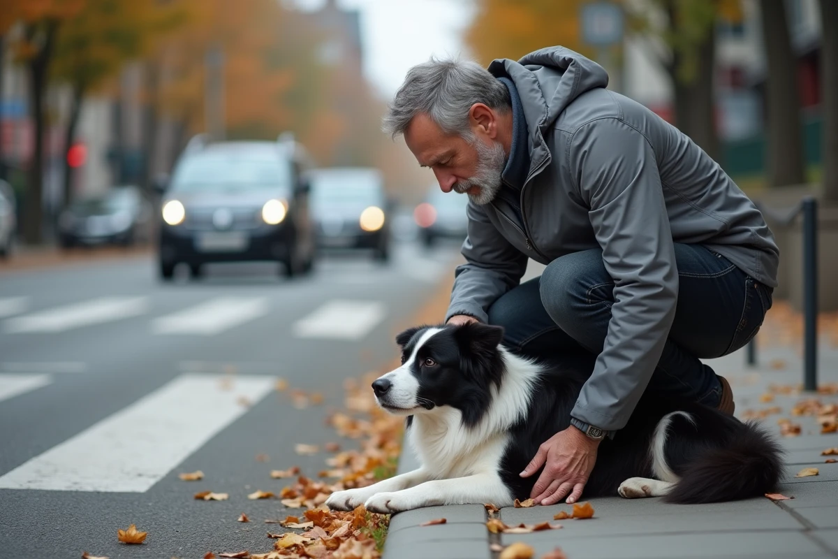 Propriétaire de chien inquiet examinant son animal blessé au bord d'une route après un accident