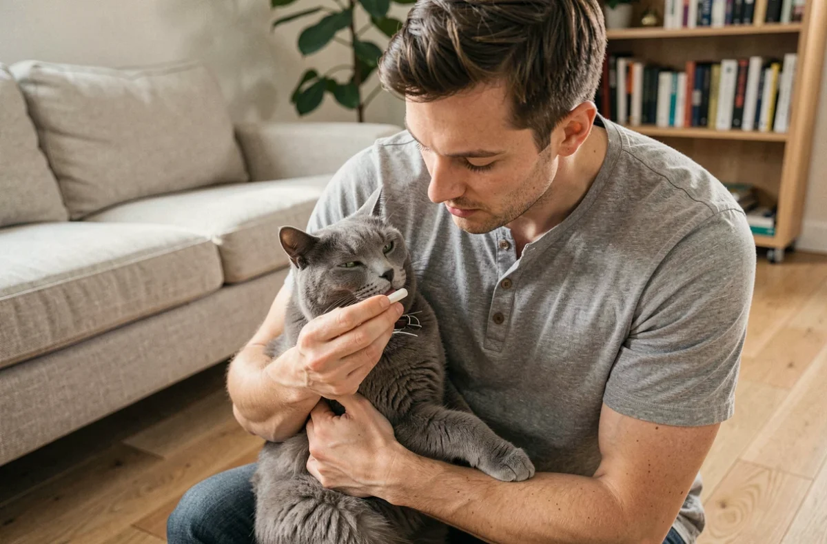 Propriétaire donnant un comprimé antiparasitaire oral à son chat gris à domicile dans un salon moderne