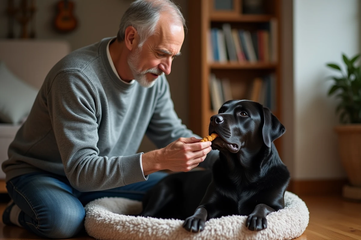 Propriétaire donnant un comprimé anti-douleur à son chien labrador couché sur son panier à la maison
