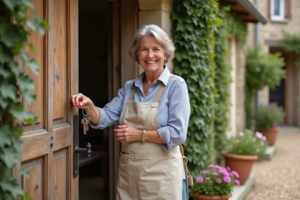 Propriétaire d'un gîte rural souriant à l'entrée d'une maison en pierre avec des clés en main