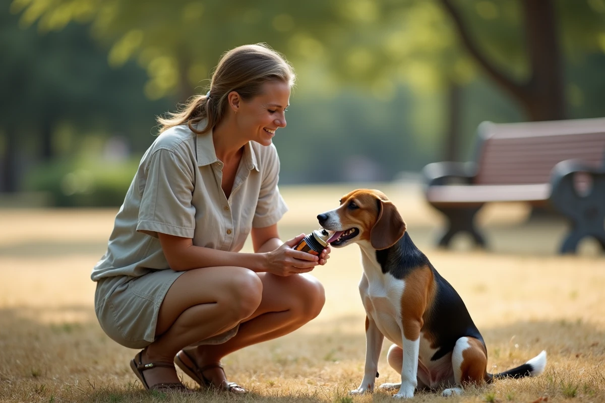 Femme donnant de l'eau à son chien beagle dans un parc par forte chaleur estivale