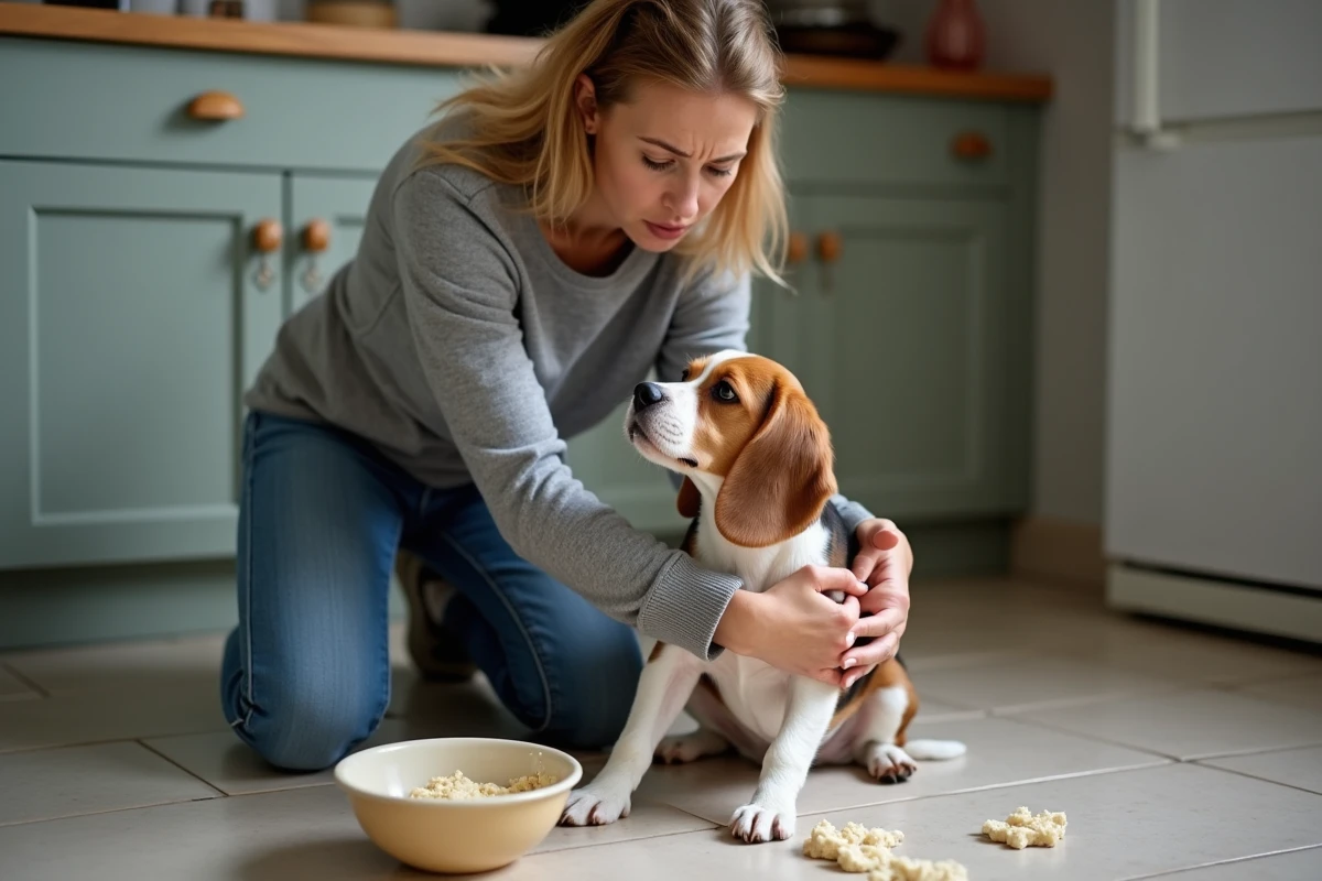 Femme inquiète agenouillée auprès de son beagle après que le chien a mangé de la pâte crue renversée sur le sol